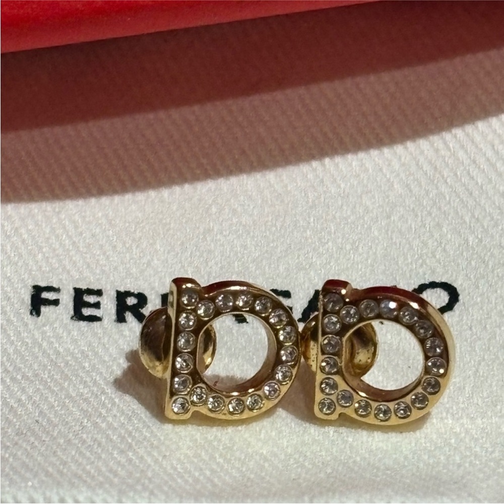 Salvatore Ferragamo Gold Crystal Stud Earrings - Picture 2 of 4